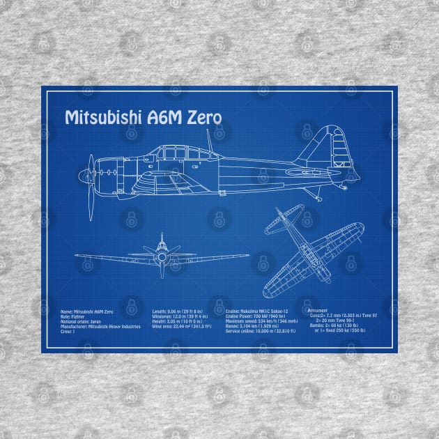 Mitsubishi A6M Zero Airplane Blueprint - AD by SPJE Illustration Photography